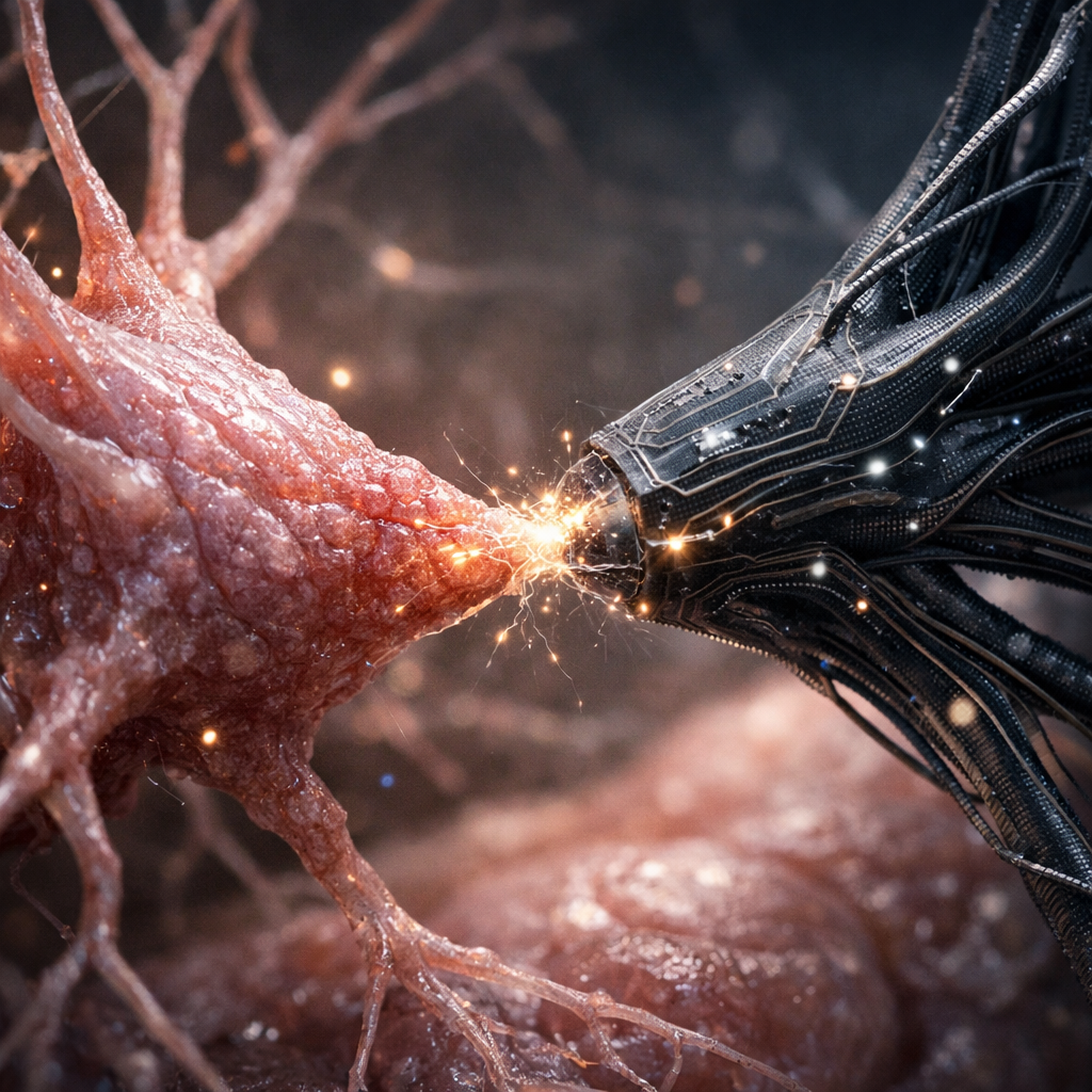 Imagen conceptula de una neurona artificial flexible estableciendo contacto con una neurona biológica en una sinapsis híbrida, y recreando señales eléctricas capaces de activar tejido cerebral vivo.