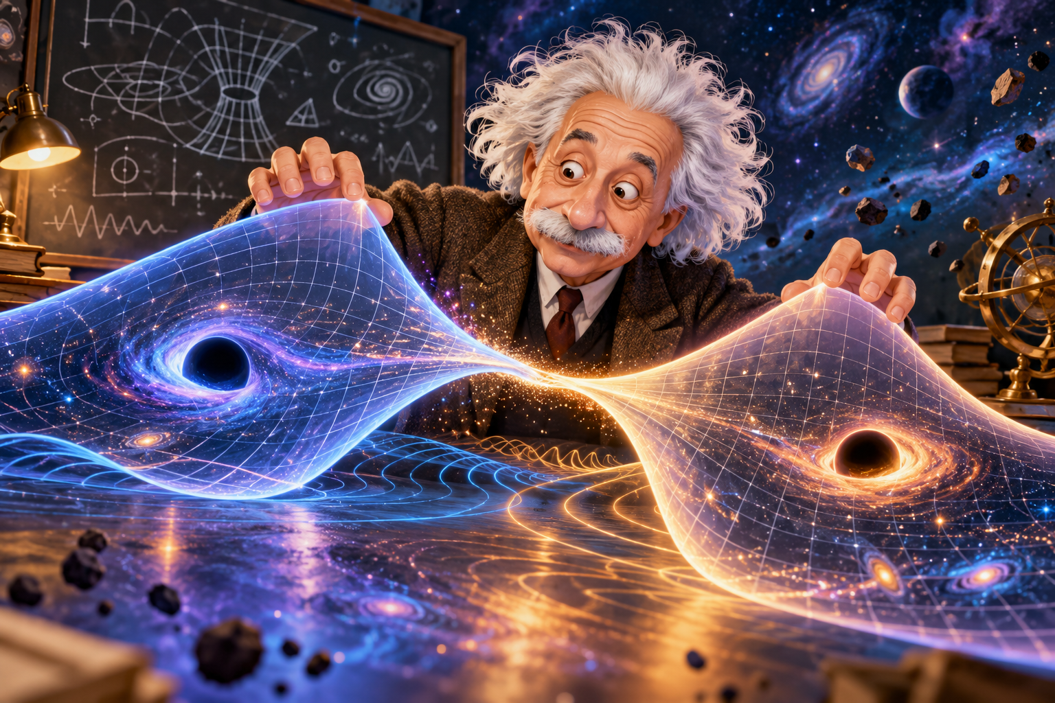Albert Einstein contempla cómo dos estructuras del espacio-tiempo se separan y vuelven a conectarse, una posibilidad teórica que sus propias ecuaciones permiten explorar.