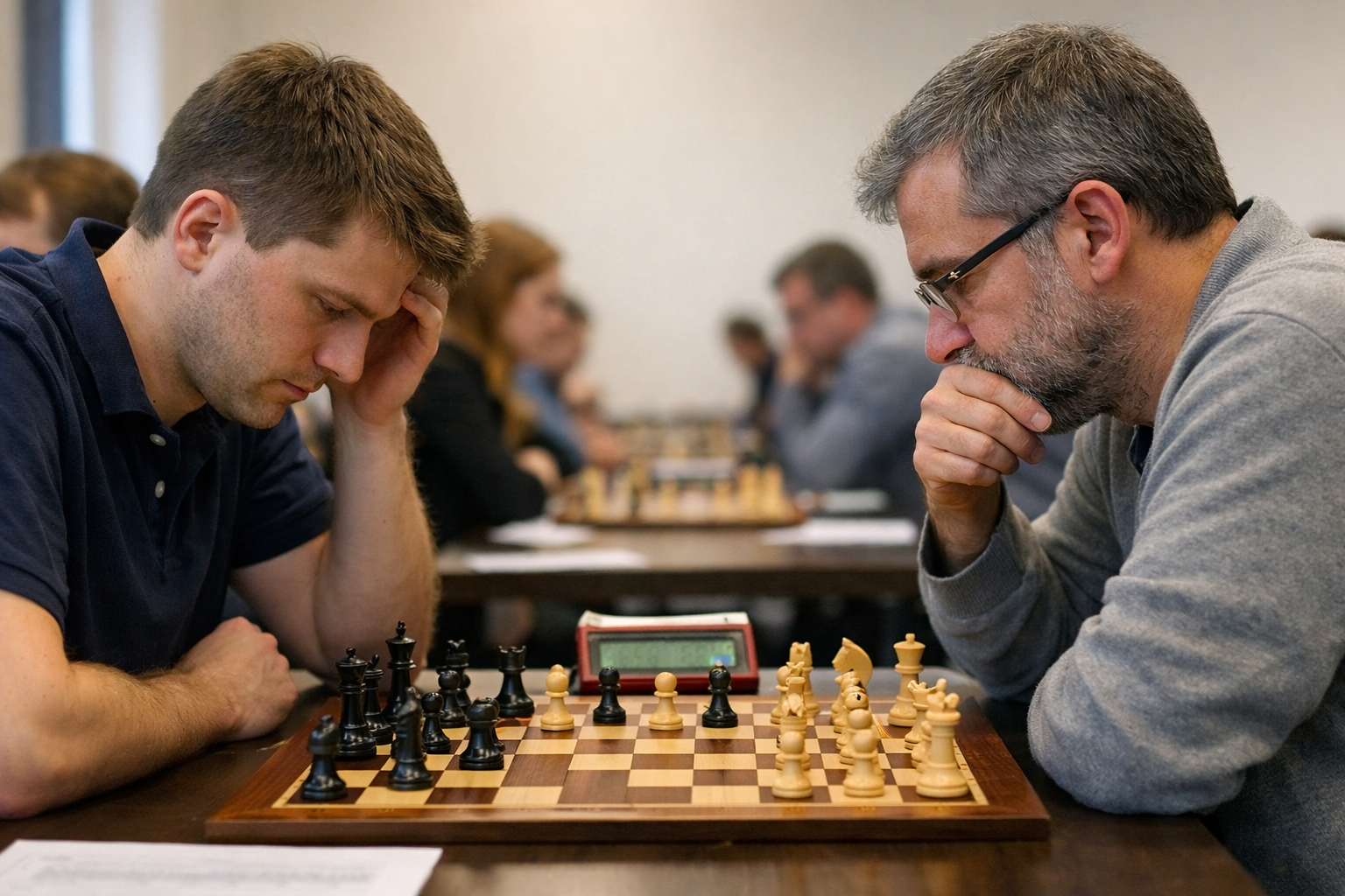 Dos jugadores analizan una posición inicial no clásica del ajedrez 960, una variante creada para evitar la memorización de aperturas.