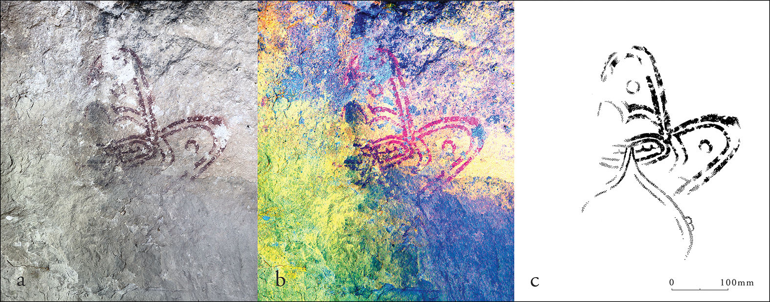 El primer glifo de la cueva 19, en la fotografía original (a), una versión que realza los trazos conservados (b) y su dibujo (c). Los investigadores proponen que representa un nombre de lugar: la Montaña que Canta.