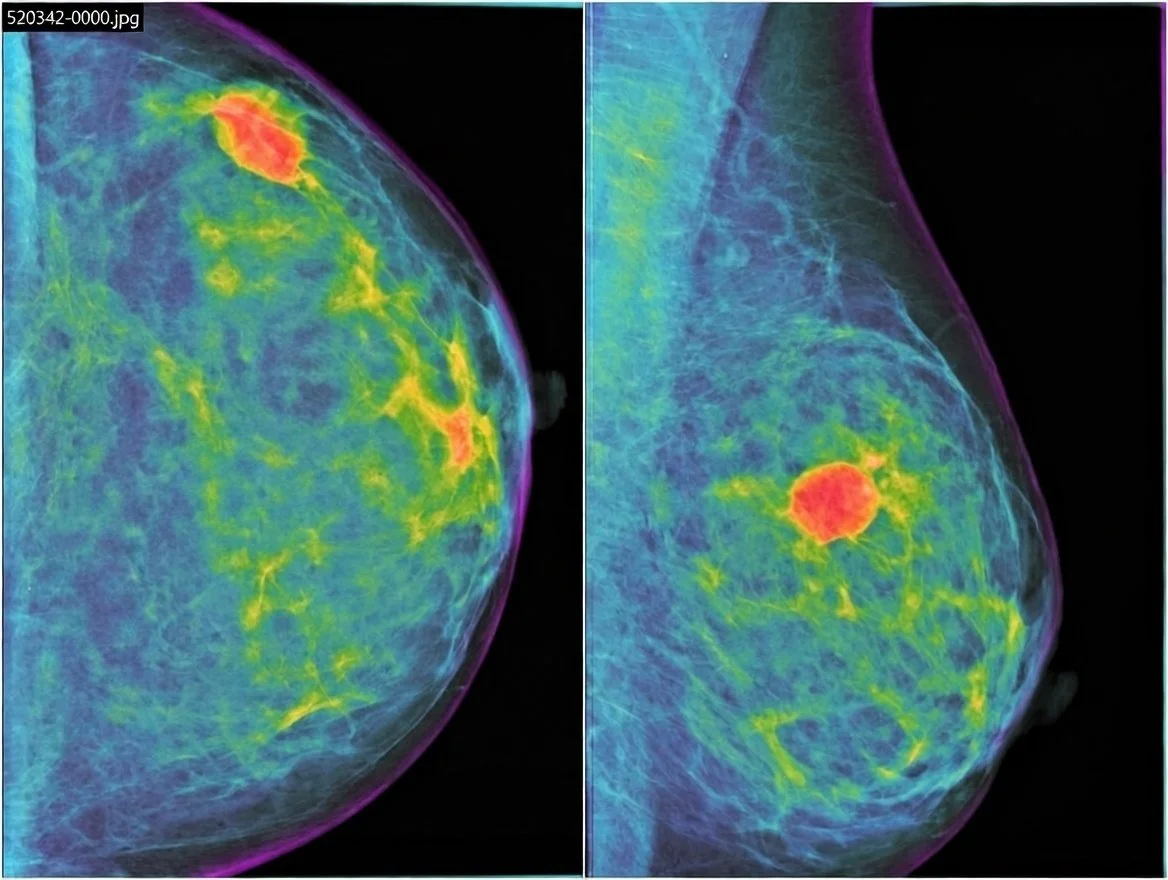 Imagen mamográfica coloreada de un cáncer de mama triple negativo: una masa de contorno ovalado y bordes bien definidos en gran parte de la lesión, pero con zonas difusas que dificultan su identificación