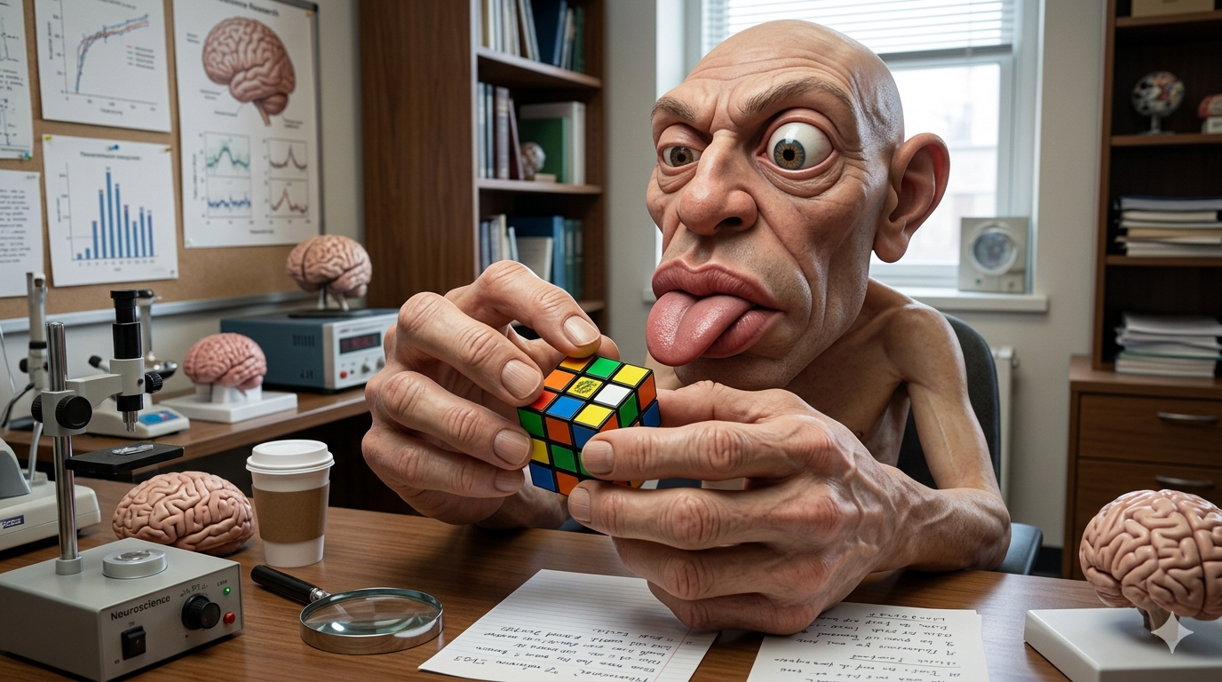 Representación del homúnculo de Penfield —el mapa del cerebro que refleja cómo dedicamos más recursos neuronales a manos y rostro— manipulando un cubo de Rubik