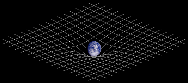 Representación de cómo la masa de la Tierra curva el espacio-tiempo, según la teoría de la relatividad general de Einstein, dando lugar a lo que percibimos como gravedad.