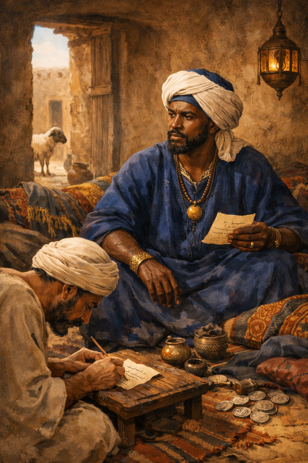 Recreación artística del rey nubio Qashqash en la Casa del Mekk, en Old Dongola (siglos XVI–XVII), supervisando a su escriba mientras dicta una orden administrativa en árabe, reflejo del poder cotidiano en la Nubia precolonial.