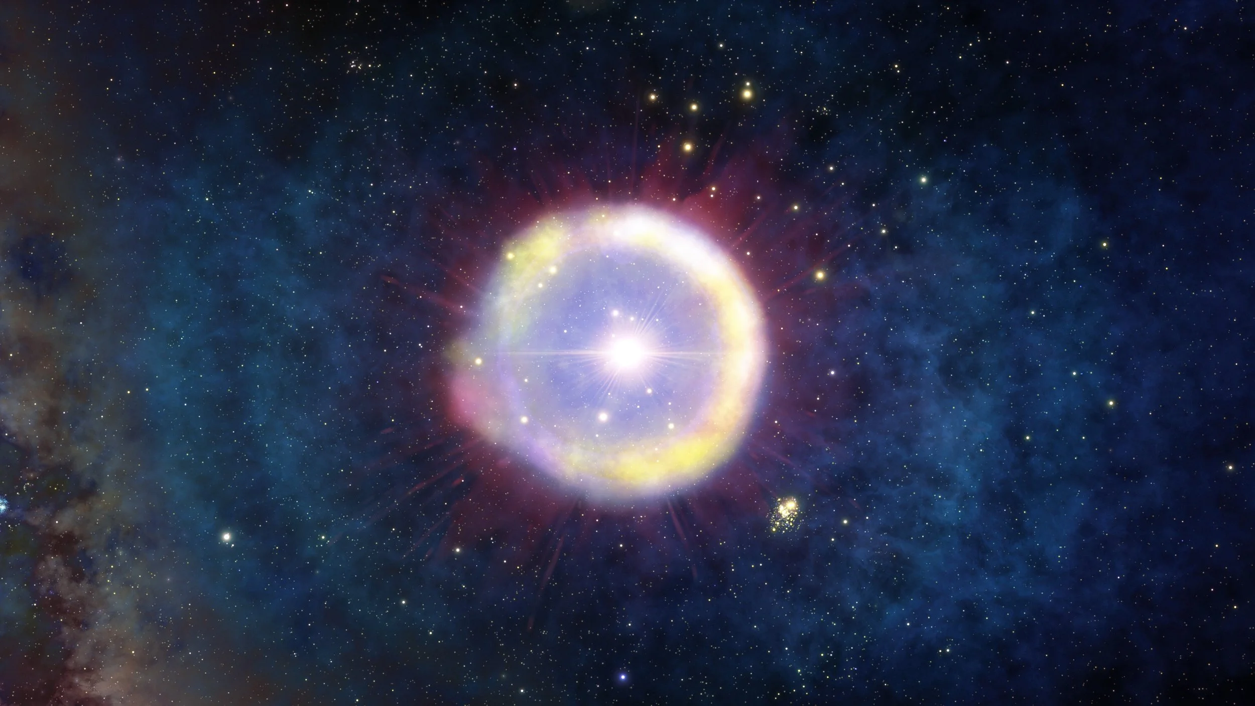 Ilustración artística de las primeras estrellas del universo, las llamadas de Población III, tal como habrían brillado unos 100 millones de años después del big bang.