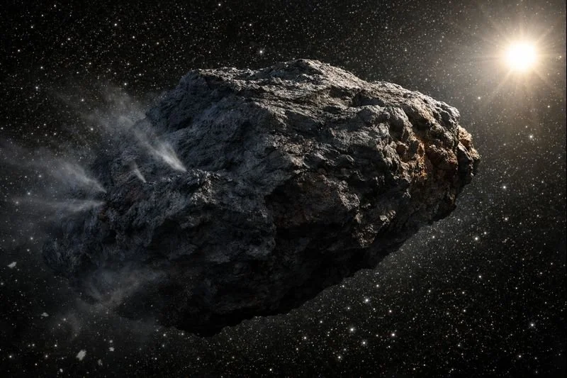 3I/ATLAS visto en una recreación artística cercana. La superficie irregular y silenciosa del tercer objeto interestelar descubierto refuerza un hallazgo clave: durante su paso por el vecindario solar, no emitió ninguna señal artificial detectable.