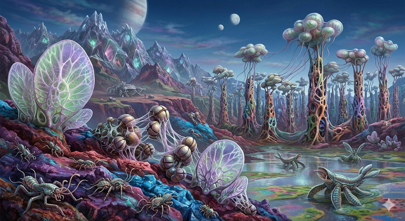Recreación artística de un ecosistema alienígena, con formas de vida y paisajes que ilustran cómo podrían ser entornos habitables más allá de la Tierra.