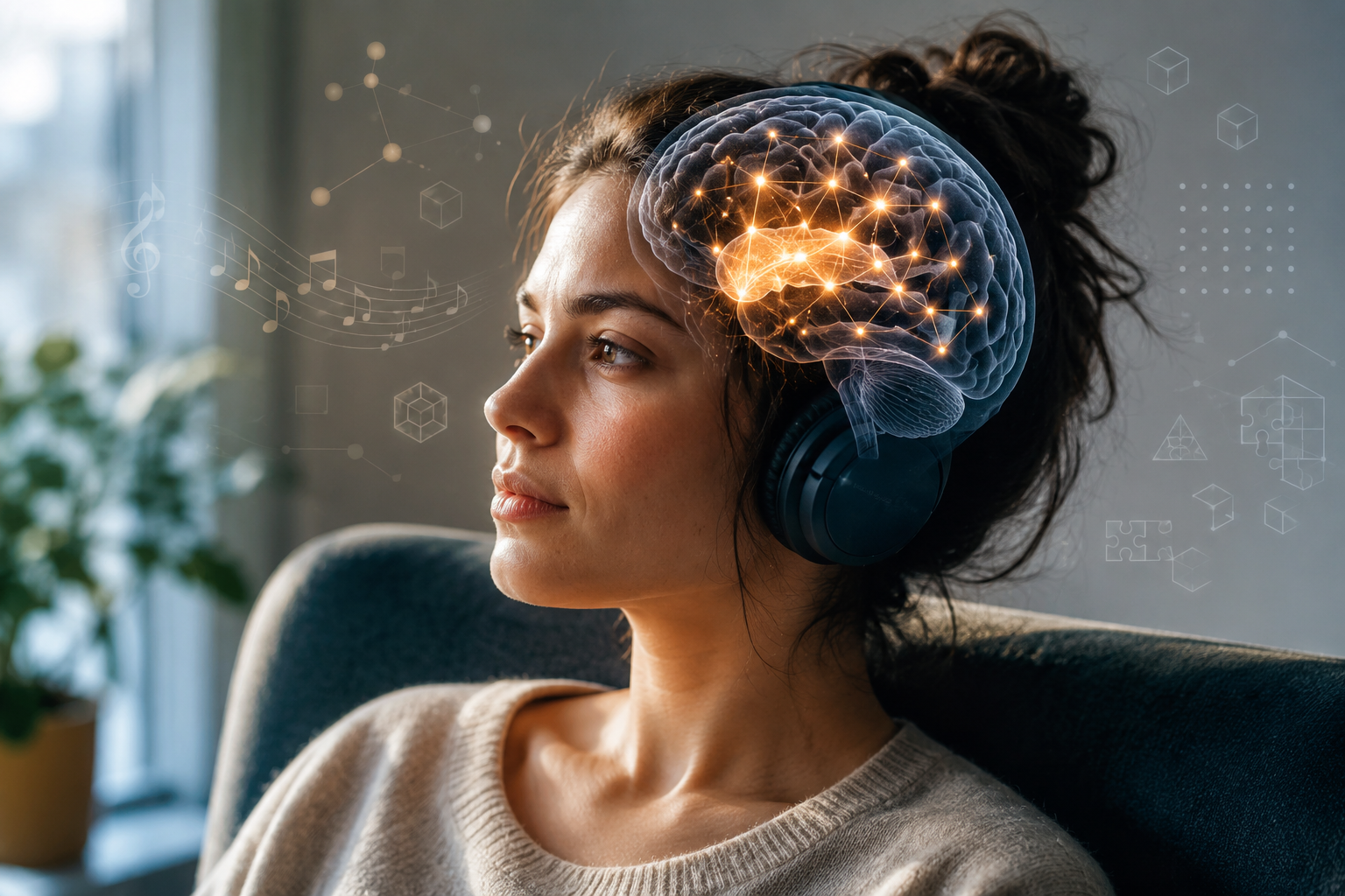 Una mujer escucha música mientras una representación conceptual muestra la red cerebral vinculada al lenguaje, distribuida principalmente por regiones frontales y temporales.