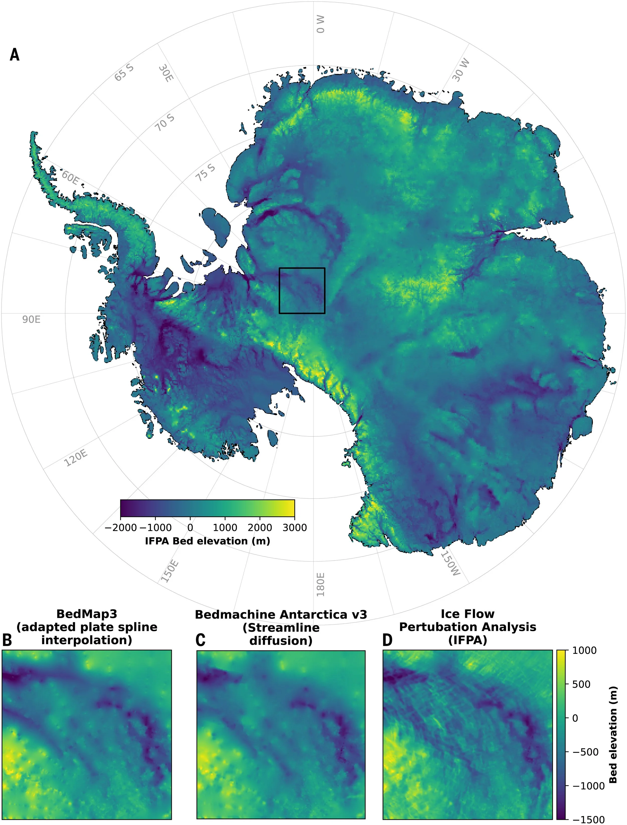 Comparación de distintos mapas del relieve subglacial en la región de la cuenca Pensacola–Polo Sur.
