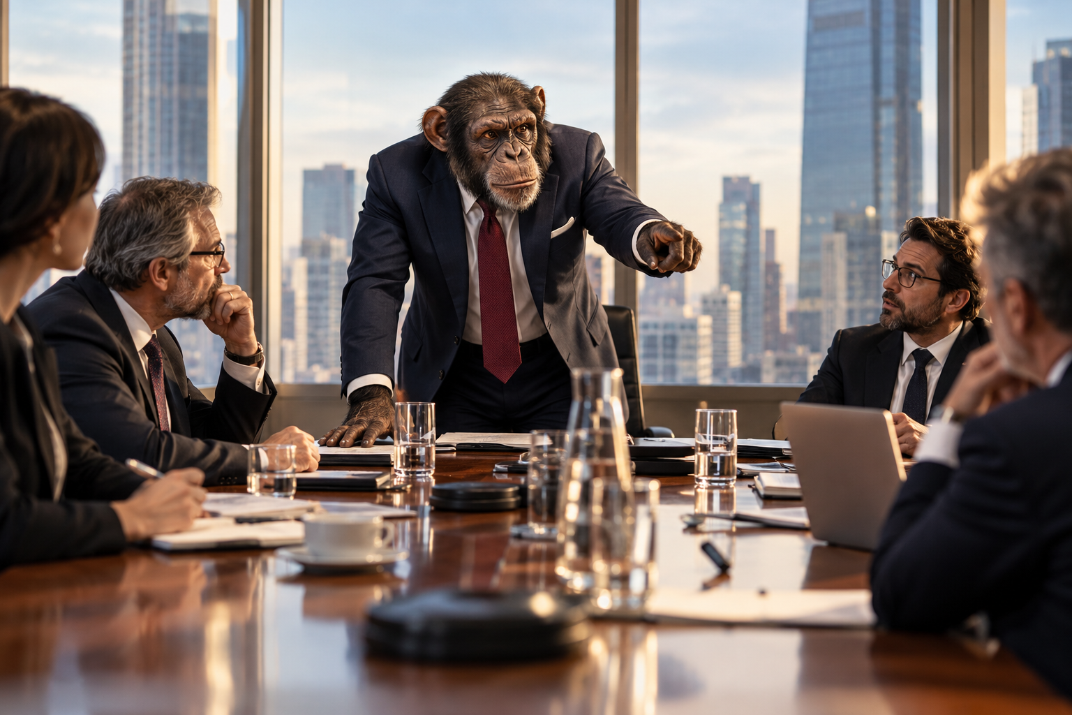 Un chimpancé convertido en alto ejecutivo preside una reunión empresarial. Una recreación con humor de un estudio que revela que los líderes humanos y los chimpancés dominantes comparten una mayor inclinación a asumir riesgos.
