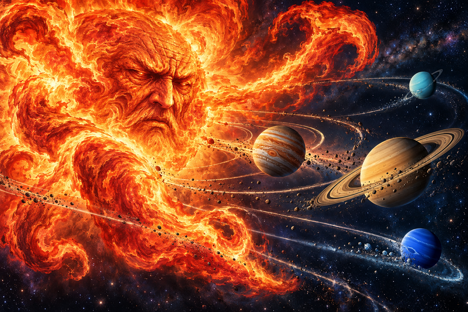 Un Sol moribundo sacude las órbitas de los planetas gigantes en esta ilustración conceptual del posible futuro del sistema solar. Imagen generada con IA.