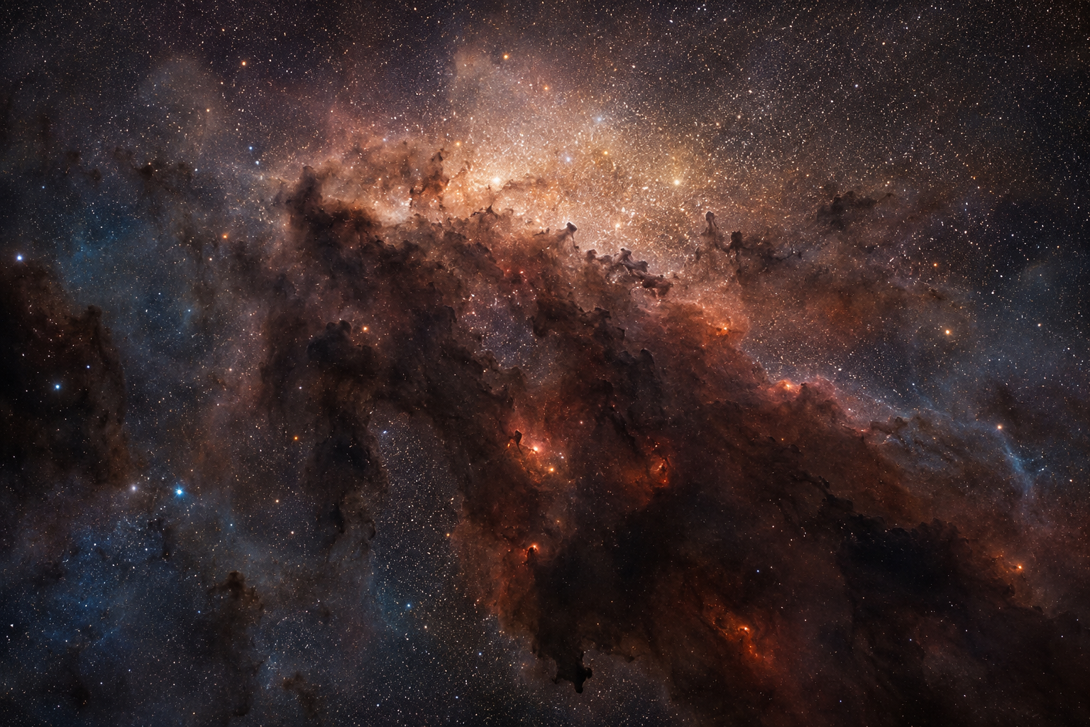 Recreación artística de la nube molecular G+0.633-0.0604, próxima al centro de la Vía Láctea, donde los choques entre grandes masas de gas y polvo pueden liberar una extraordinaria variedad de moléculas al espacio interestelar.