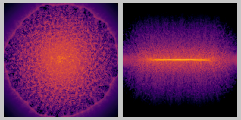 Instantáneas frontal (izquierda) y lateral (derecha) del disco galáctico de gas tras una explosión de supernova, generadas por el modelo de aprendizaje profundo empleado en la simulación.