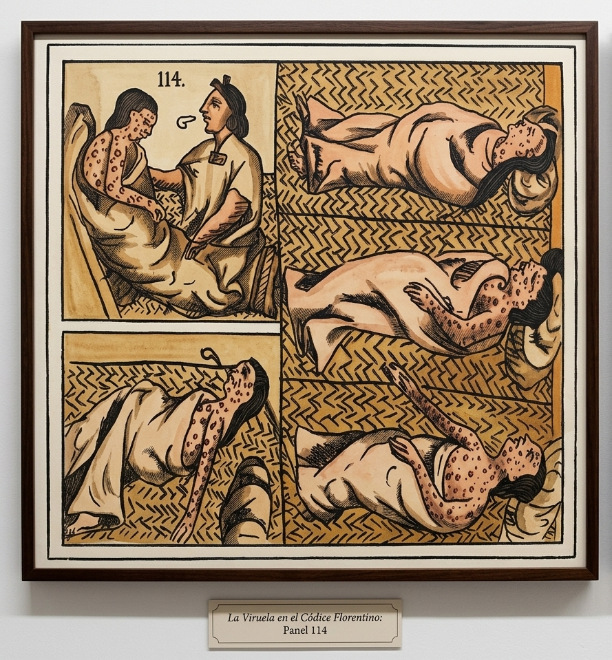 Esta ilustración del Códice Florentino muestra a indígenas mexicas afectados por la viruela, con las características lesiones cutáneas provocadas por la enfermedad.