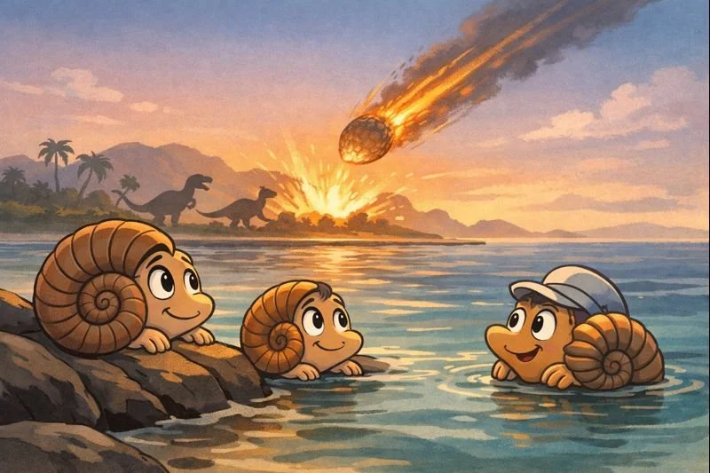 Ilustración artística de amonites observando el impacto del asteroide que acabó con los dinosaurios. Nuevas pruebas fósiles indican que estos cefalópodos marinos lograron sobrevivir durante miles de años después de la catástrofe
