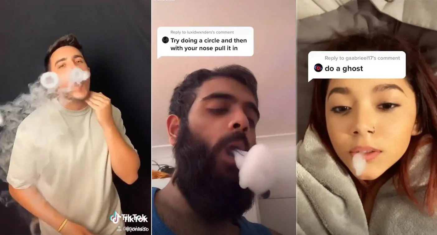 Capturas de vídeos de TikTok en los que usuarios muestran trucos, retos y formas de vapear que convierten esta práctica en un contenido atractivo y viral.