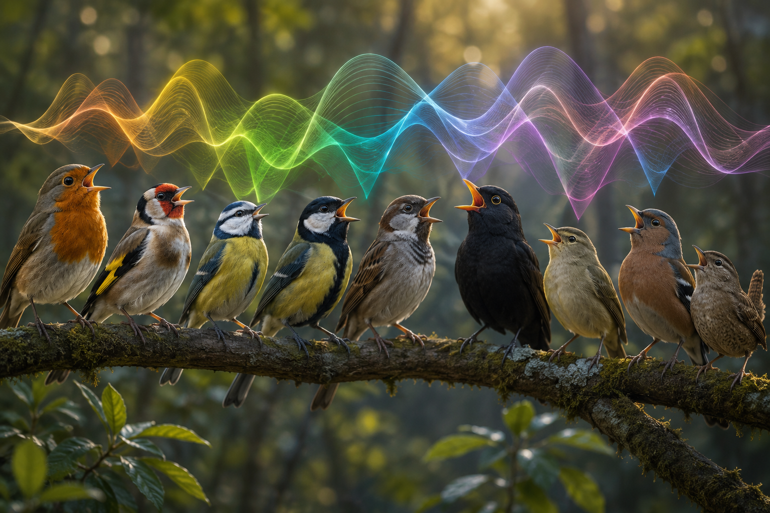 Imagen creativa de varias aves paseriformes de distintas especies entonando sus cantos al amanecer.