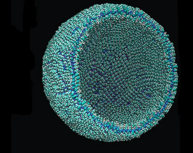 Recreación artística de hipotéticos de los azotosomas que flotan en los mares de metano de Titán: estas vesículas, formadas por moléculas como el acrilonitrilo, tendrían un tamaño comparable al de un pequeño virus.