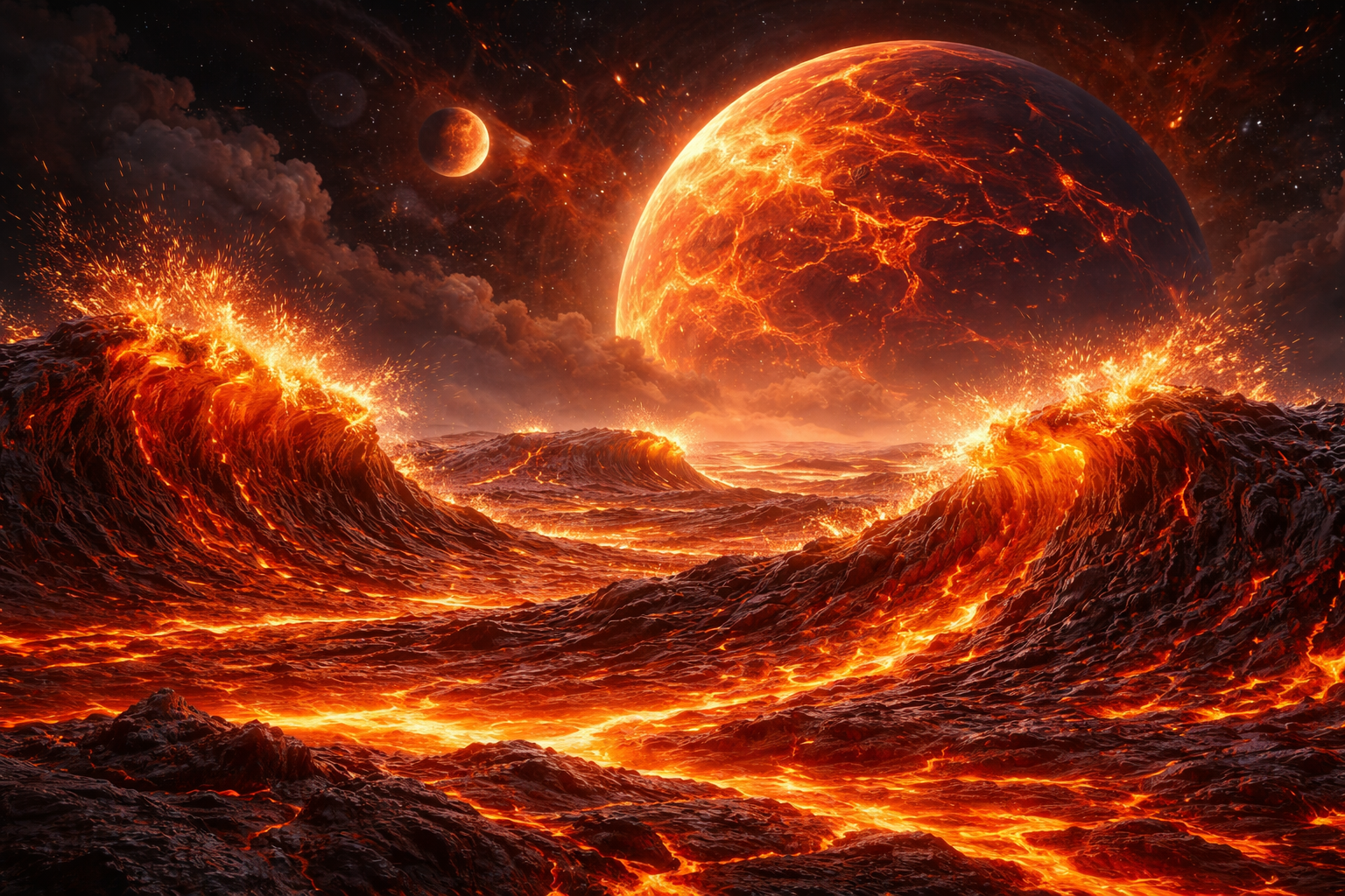 Olas de magma incandescente rompen en la superficie de 55 Cancri e, un exoplaneta extremo donde océanos de roca fundida se agitan bajo temperaturas abrasadoras.