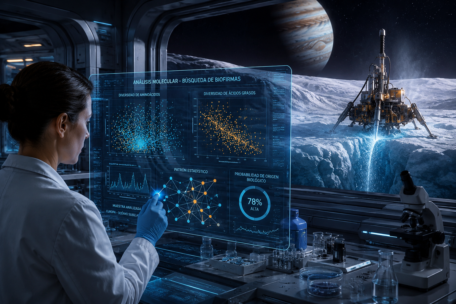 Imagen futurista de un sistema de análisis molecular examinando patrones estadísticos en compuestos orgánicos recogidos en Europa, la luna helada de Júpiter.