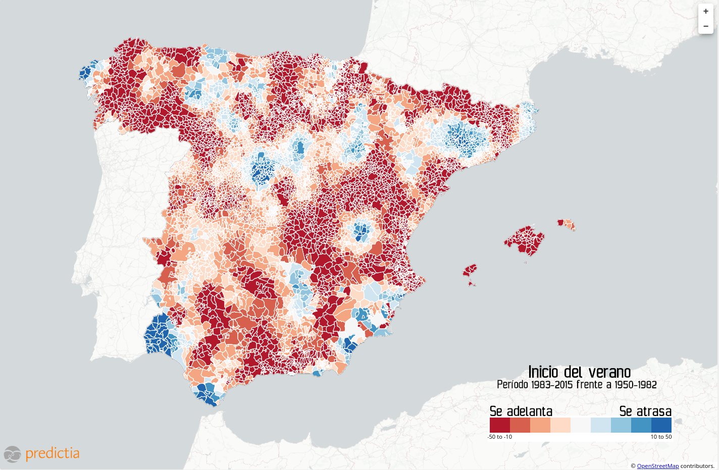 Mapa de España que muestra el adelanto y la mayor duración del verano: las zonas en rojo más intenso indican regiones donde la estación se ha alargado significativamente en las últimas décadas, en línea con el aumento global de temperaturas.