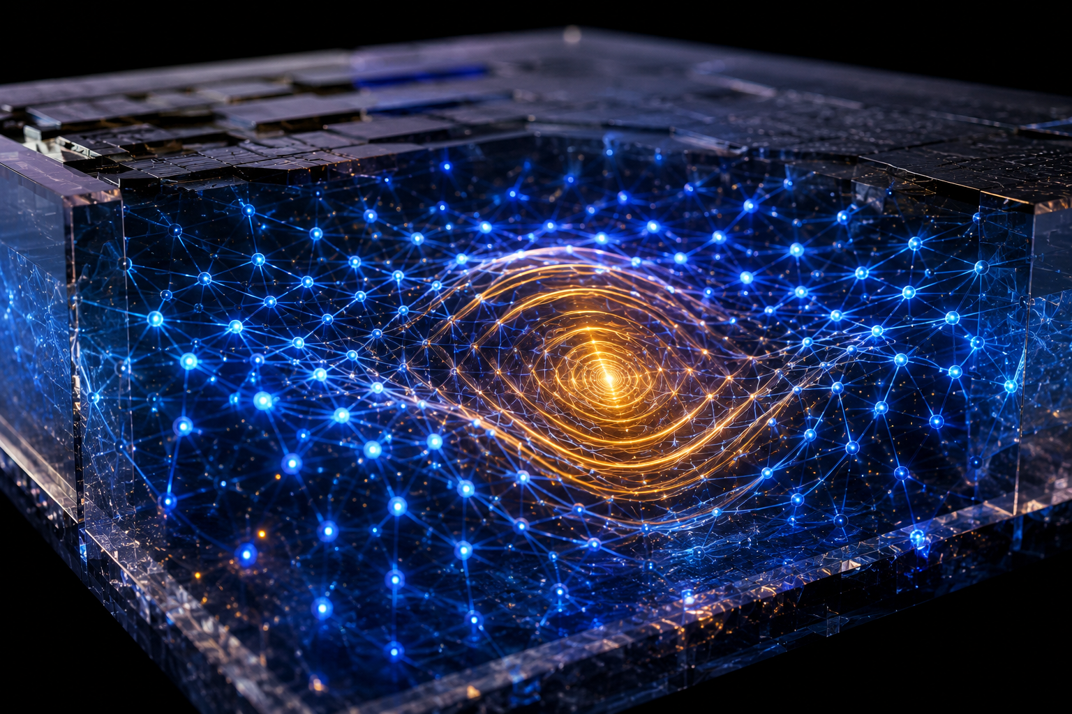 Ilustración conceptual de un semiconductor donde una deformación de la geometría interna del estado cuántico representa un gravitón emergente.