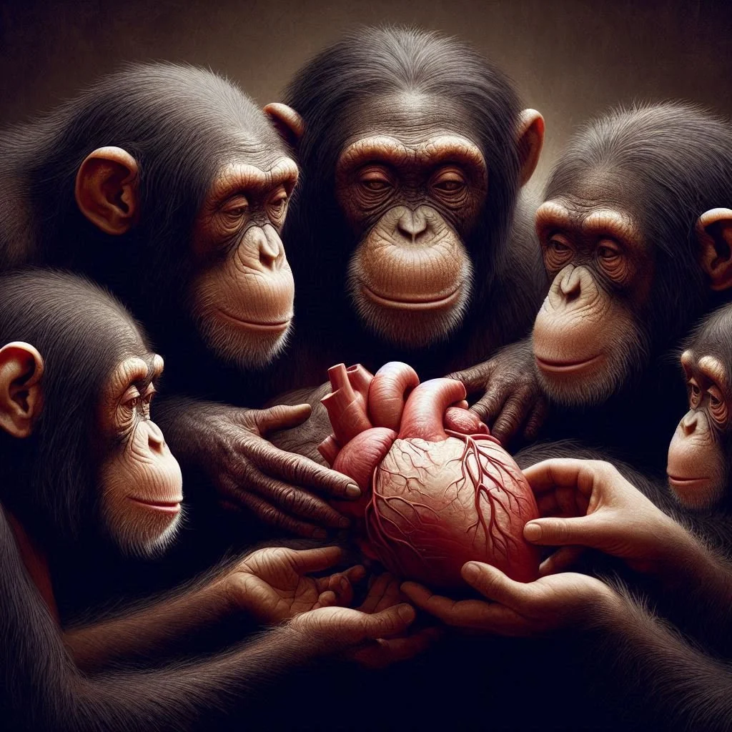 Un grupo de chimpancés contempla un corazón humano.