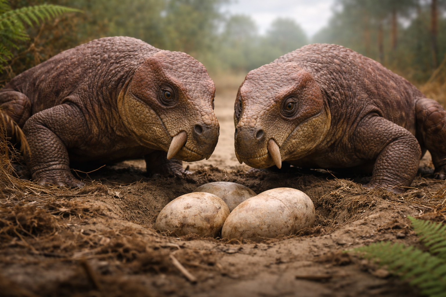 Recreación artística de una pareja de Lystrosaurus vigilando su puesta de huevos en el árido paisaje del Triásico temprano, una escena que ilustra cómo estos antepasados de los mamíferos pudieron reproducirse tras la gran extinción del Pérmico.