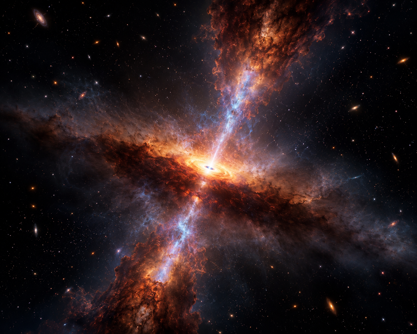 Representación artística de un agujero negro supermasivo oculto tras densas nubes de polvo polar en el corazón de una galaxia hiperluminosa del universo temprano.