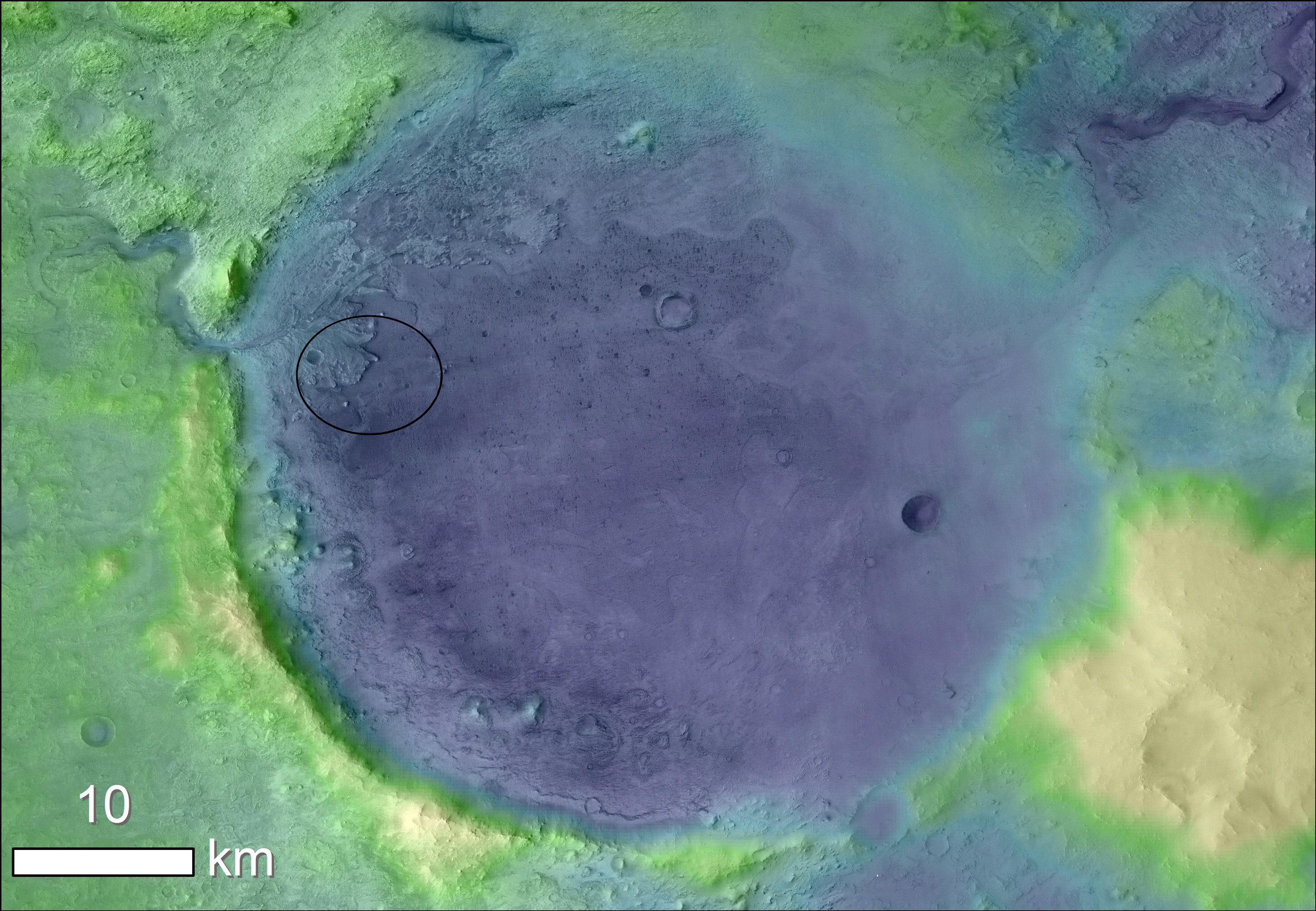 Mapa topográfico del cráter Jezero, el antiguo lago marciano donde aterrizó el róver Perseverance. El óvalo señala la zona de aterrizaje de la misión de la NASA.