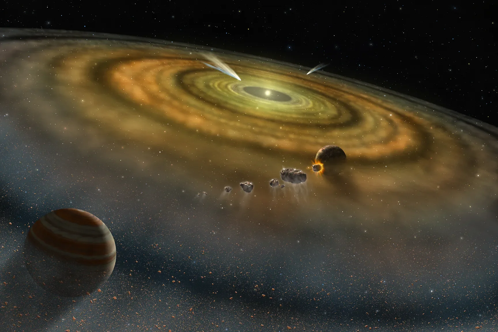 Recreación artística del disco que rodea a Beta Pictoris, donde las colisiones entre asteroides y cometas generan polvo. La escena evoca los ingredientes de las dos recetas que el estudio propone para la Tierra y Marte.