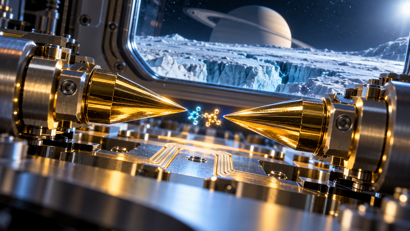 Recreación conceptual de un futuro detector espacial con electrodos de oro. La técnica desarrollada en Osaka distingue las formas L y D de los aminoácidos, cuya proporción puede aportar pistas en la búsqueda de vida extraterrestre.