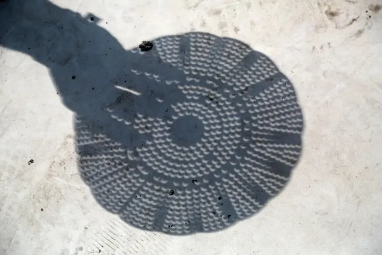 Durante las fases parciales del eclipse, cada uno de sus pequeños agujeros actúa como una cámara estenopeica y proyecta sobre el suelo una diminuta imagen del Sol en forma de creciente.