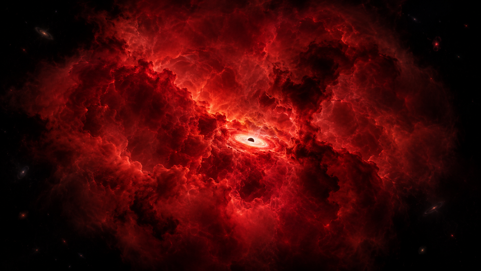 Recreación artística de un pequeño punto rojo: un agujero negro joven y voraz aparece envuelto por un denso capullo de gas, cuya absorción y dispersión de la luz explicarían el intenso color rojizo observado por el telescopio espacial James Webb.