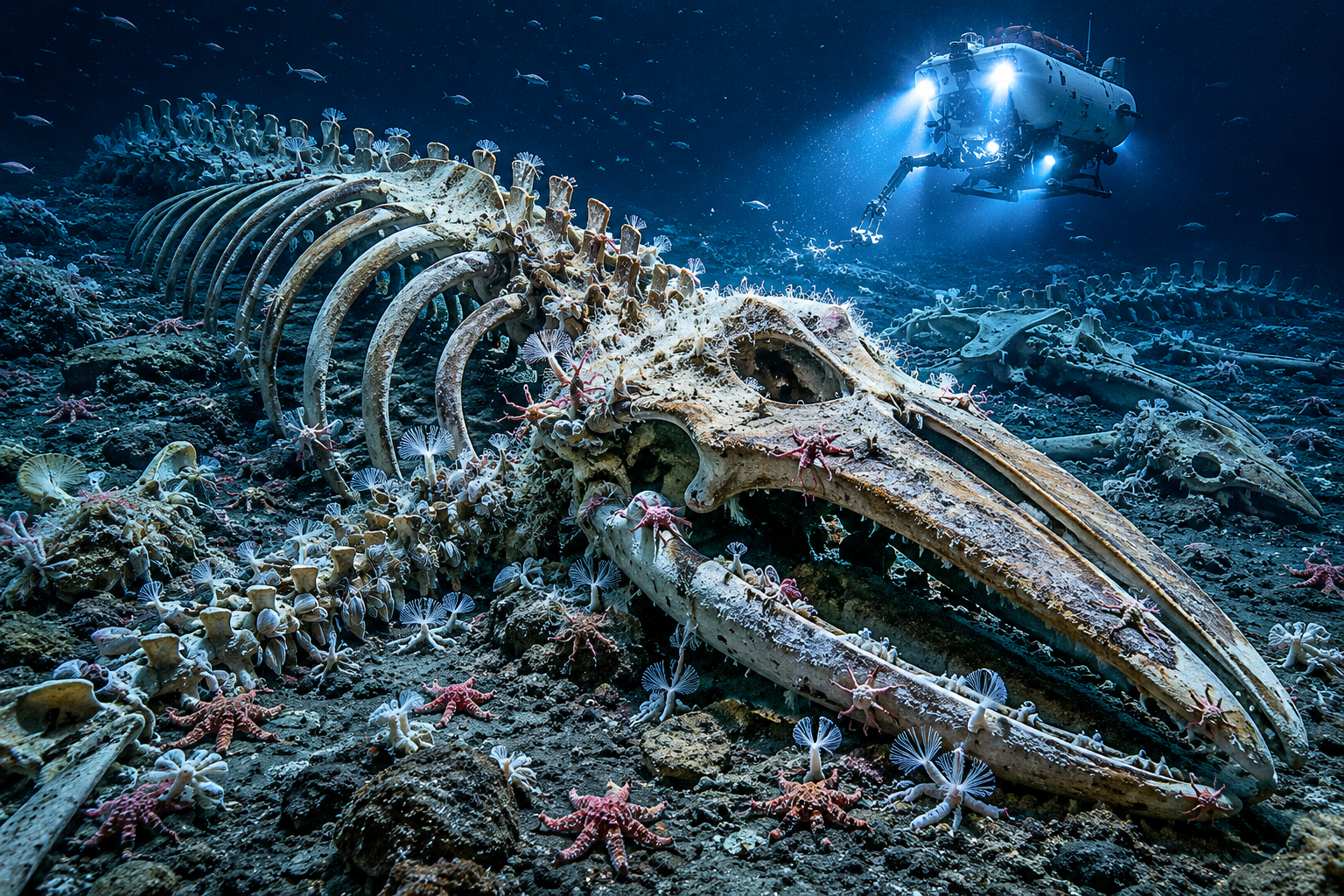 Recreación artística de la necrópolis de cetáceos descubierta en la zona de Diamantina, en el océano Índico. Los esqueletos de ballenas acumulados durante millones de años forman auténticos oasis de biodiversidad en las profundidades abisales