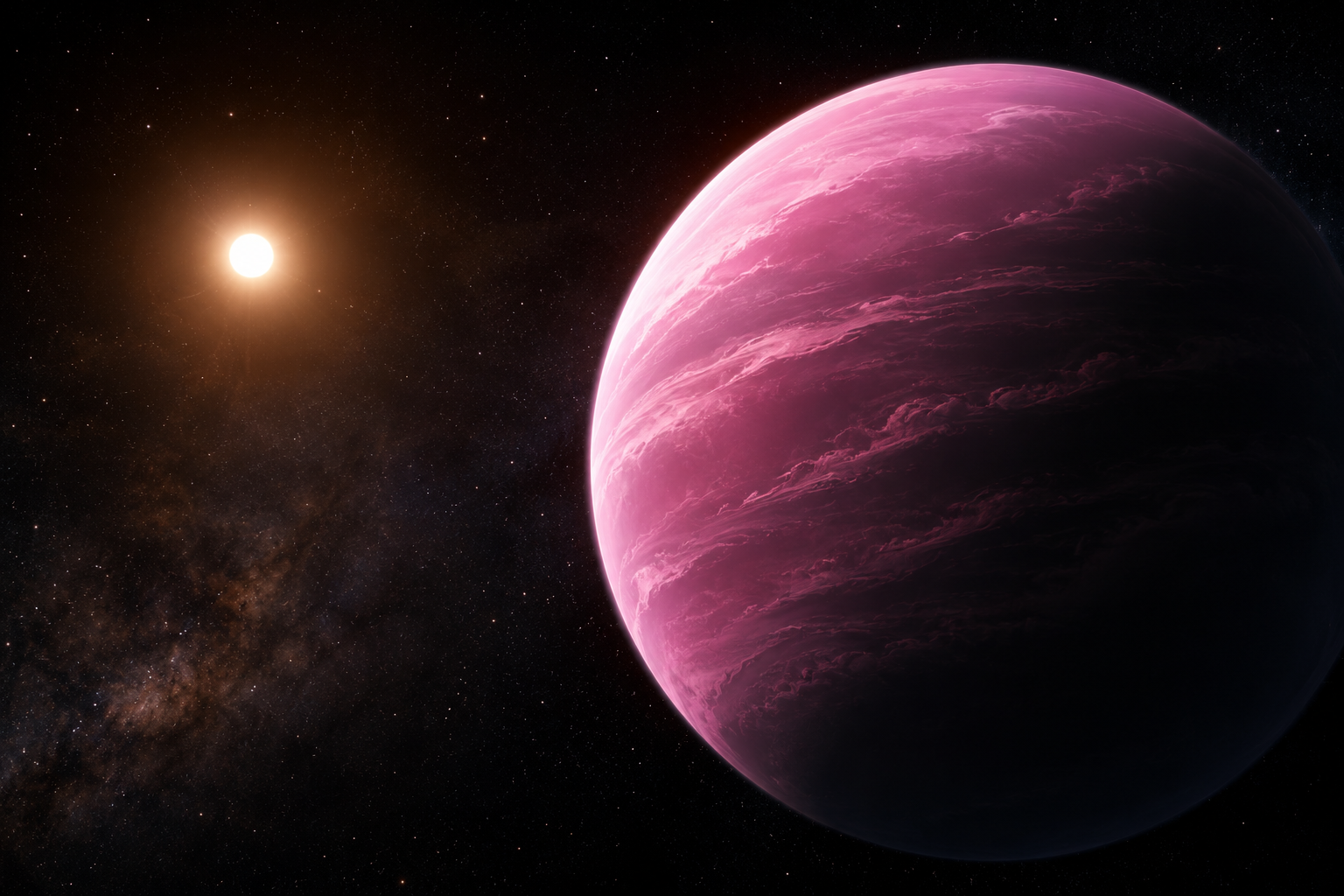 Recreación artística de GJ 504 b, el famoso planeta Rosa, orbitando una estrella similar al Sol. Observaciones del James Webb revelan que su atmósfera contiene moléculas como agua, metano y amoníaco, además de posibles nubes de sales minerales.