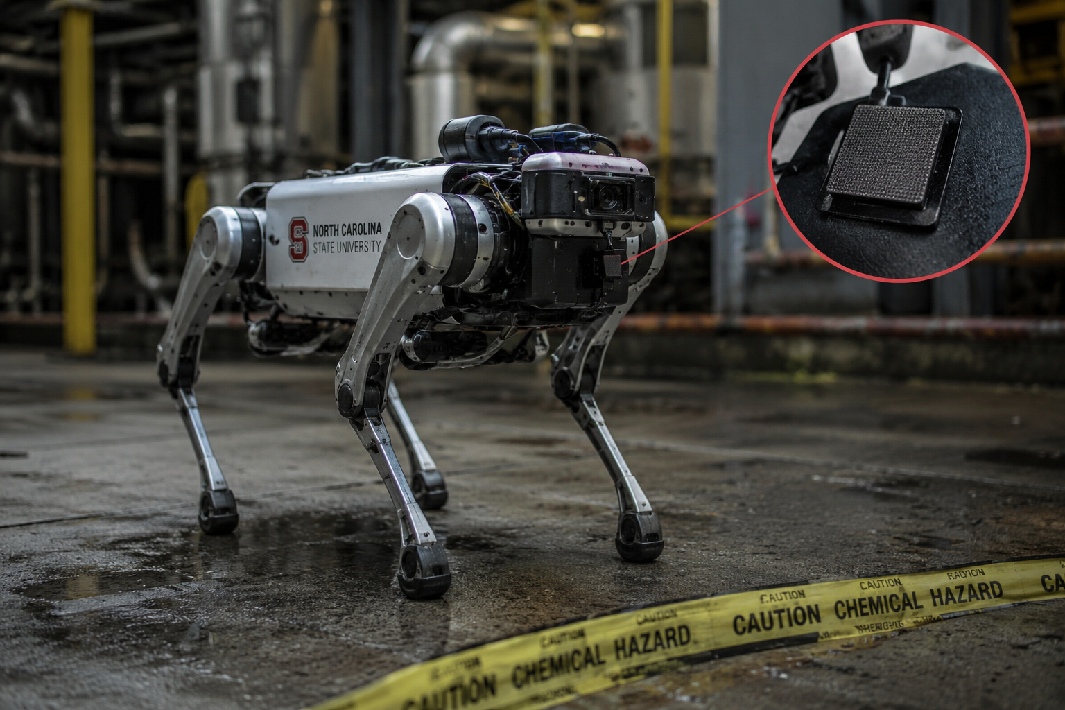 Imagen conceptual de un robot cuadrúpedo equipado con una piel electrónica (e-skin) que incorpora sensores químicos capaces de detectar sustancias peligrosas en el entorno y modificar automáticamente su trayectoria mediante señales táctiles.