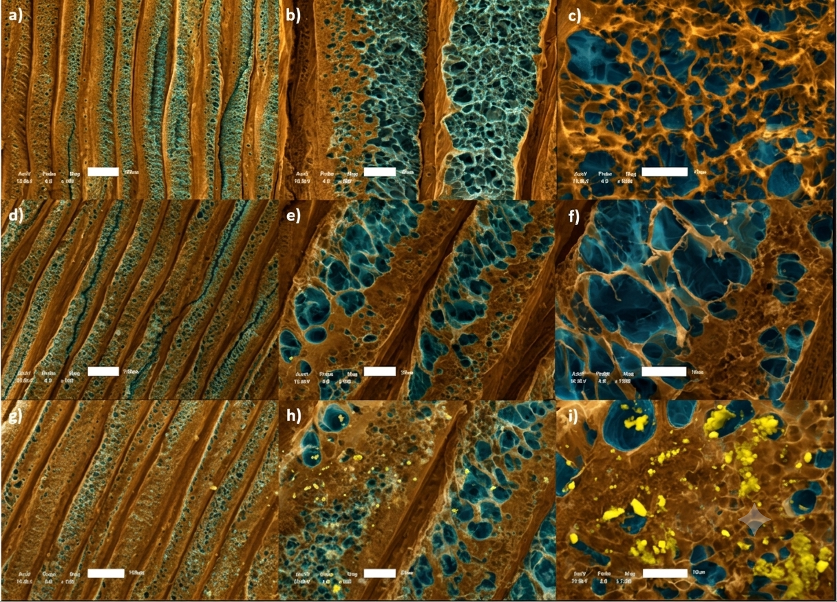 Micrografías electrónicas coloreadas del sensor de grafeno inducido por láser antes y después de su modificación con urea y níquel. Estas mejoras aumentan su sensibilidad para detectar dopamina en las lágrimas.