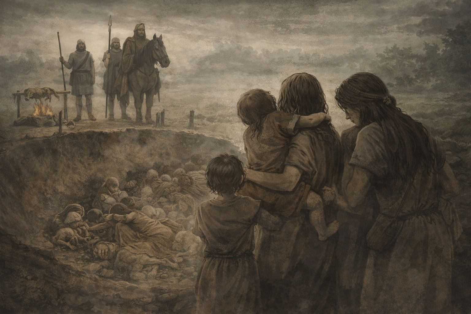 Recreación artística de la masacre de Gomolava, en la actual Serbia, donde un estudio bioarqueológico ha documentado el asesinato selectivo de mujeres y niños durante la Edad del Hierro, hace unos 2.800 años.