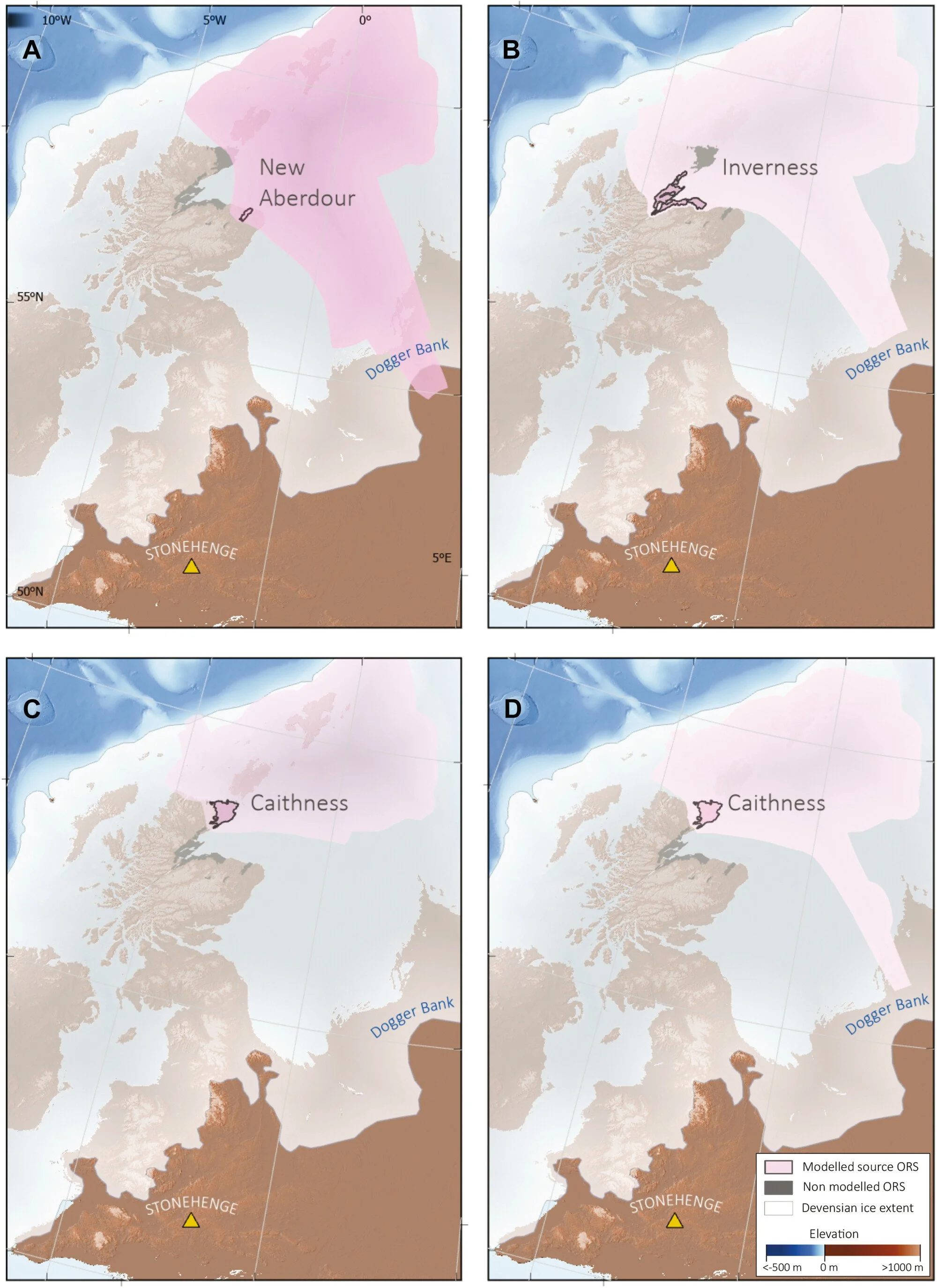 Modelos de dispersión glaciar de la arenisca roja antigua durante la última glaciación en Gran Bretaña e Irlanda.