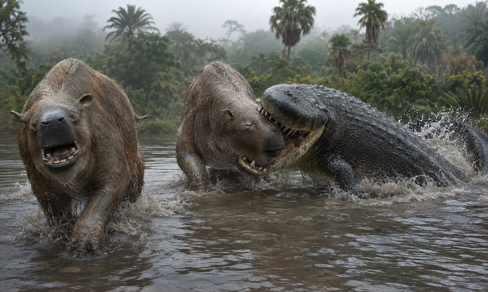 Reconstrucción de un Purussaurus neivensis atacando por la cabeza a un Pericotoxodon platignathus en los humedales colombianos de hace unos 12 millones de años.