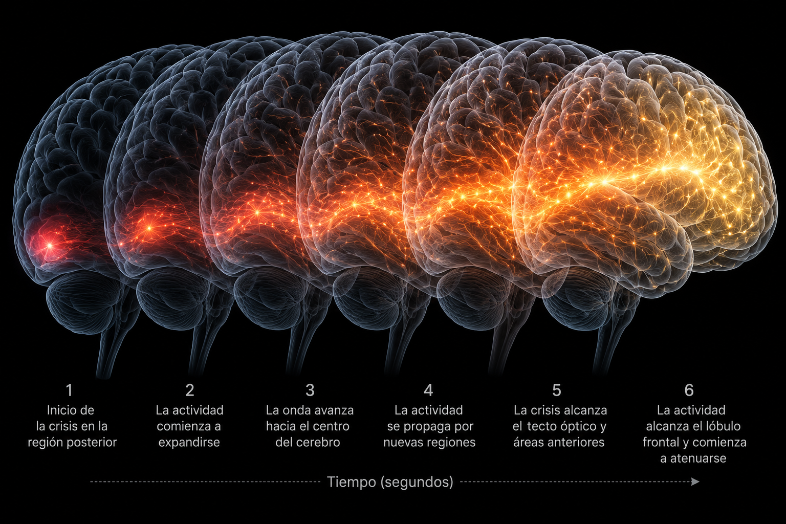 Esta recreación visual muestra, como una secuencia de fotogramas, el avance de una crisis epiléptica desde la región posterior hasta las zonas anteriores del cerebro.