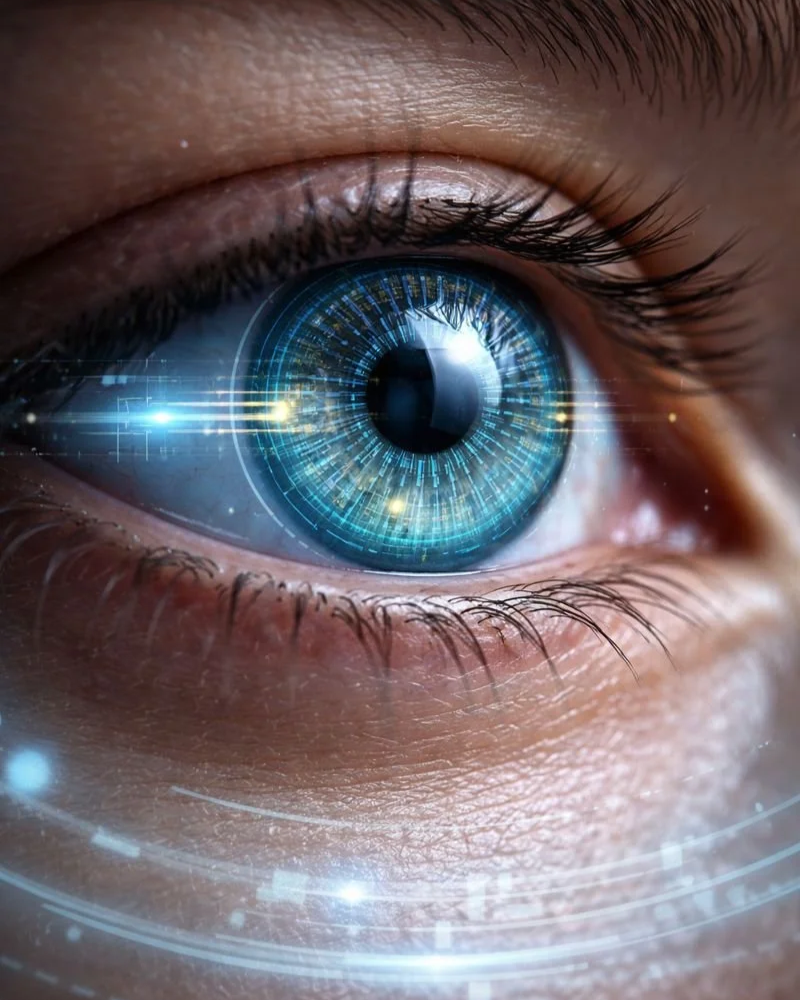 Ilustración conceptual de una lente de contacto inteligente integrada en el ojo humano. El dispositivo, casi imperceptible para el usuario, monitoriza en tiempo real la presión intraocular y transmite los datos de forma inalámbrica.