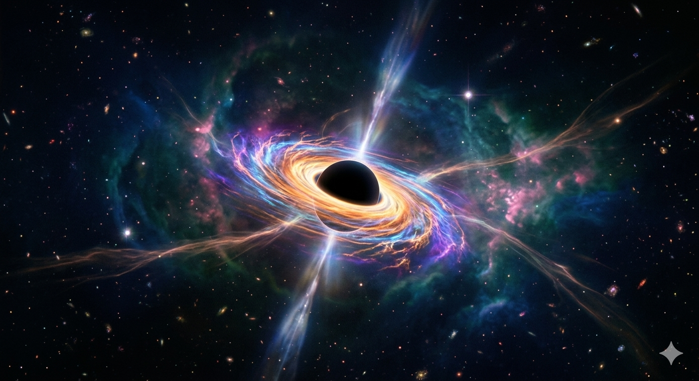 Ilustración de un agujero negro en el universo temprano, rodeado de gas primordial que comienza a caer hacia él: una representación de cómo una galaxia podría formarse alrededor de su núcleo oscuro.