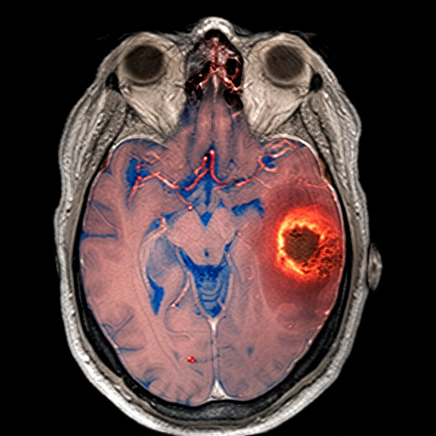 Imagen coloreada de una resonancia magnética cerebral en la que se resalta un glioblastoma, un tumor especialmente agresivo cuyas células pueden infiltrarse en el tejido sano circundante.