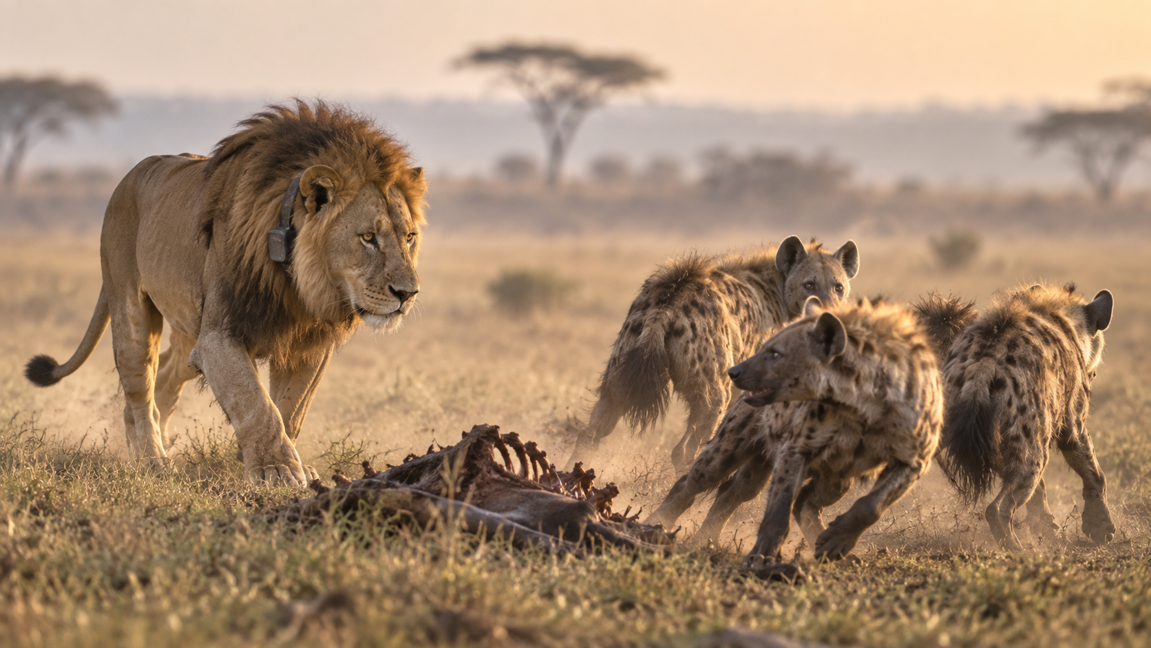 Un león macho con collar GPS se aproxima a varias hienas, que ceden terreno ante el competidor dominante.