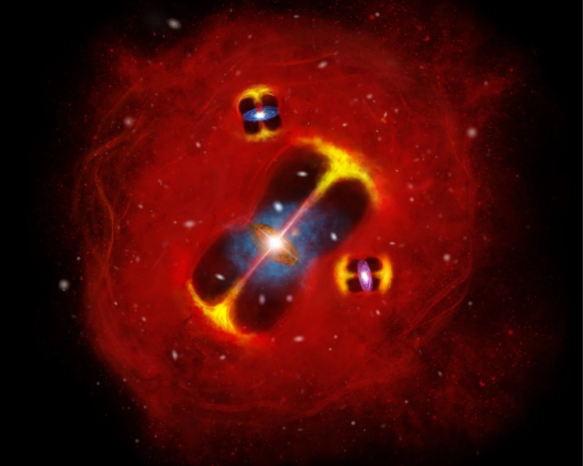 Cúmulo de galaxias en formación en el universo temprano, donde los chorros de radio de galaxias activas se incrustan en una atmósfera intracumular extremadamente caliente (en rojo), lo que revela un vasto reservorio térmico de gas