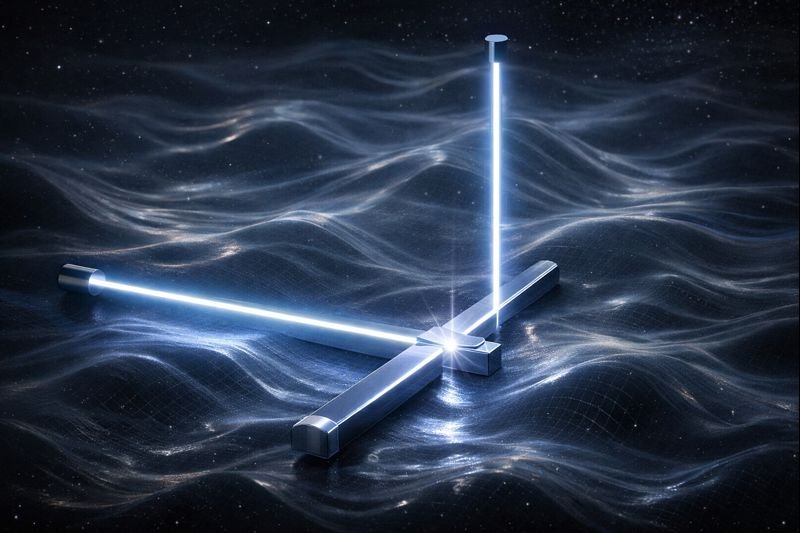 Ilustración conceptual de un interferómetro láser midiendo posibles fluctuaciones microscópicas del espacio-tiempo, un fenómeno previsto por varias teorías de la gravedad cuántica.