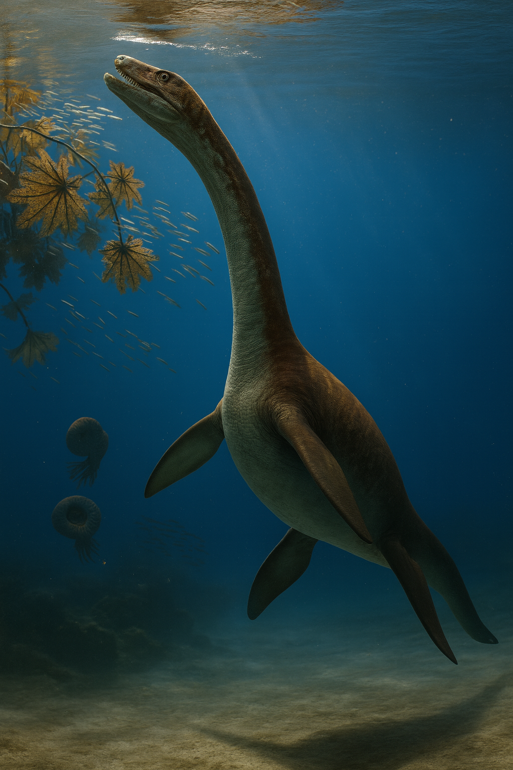 Reconstrucción artística con inteligencia artificial del Plesionectes longicollum, un nuevo plesiosaurio del Jurásico temprano hallado en Holzmaden, Alemania.