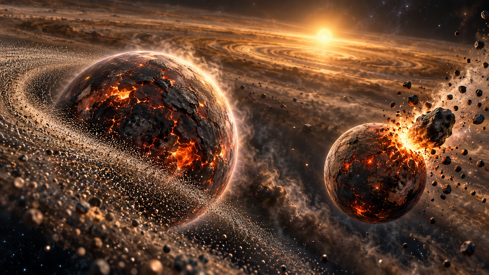 Recreación artística de la Tierra primitiva (izquierda) capturando pequeñas partículas y de Marte creciendo mediante impactos de cuerpos rocosos, los mecanismos que el estudio propone en distintas proporciones para ambos planetas.